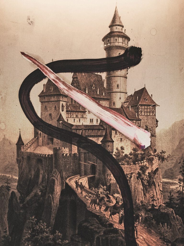 Abstraktes, collageartiges Kunstwerk im Hotel The Wellem Düsseldorf mit rosa Farbverläufen, figürlichen Details und historischen Motivfragmenten.